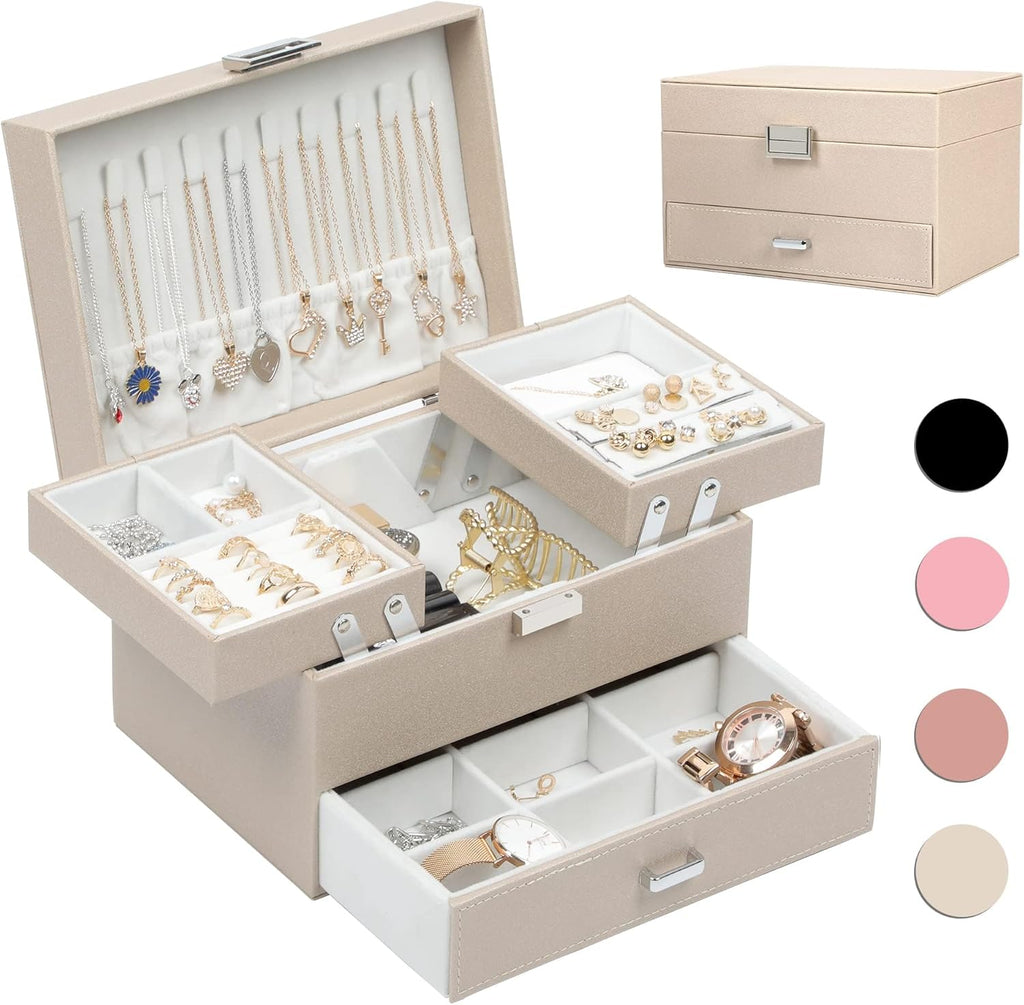 Velvet-Lined Jewelry Box Organizer - 3-Layer Luxury Jewelry Gift Box for Women, Valentine's Day, Birthdays, Mother's Day, and Special Occasions (Champagne)